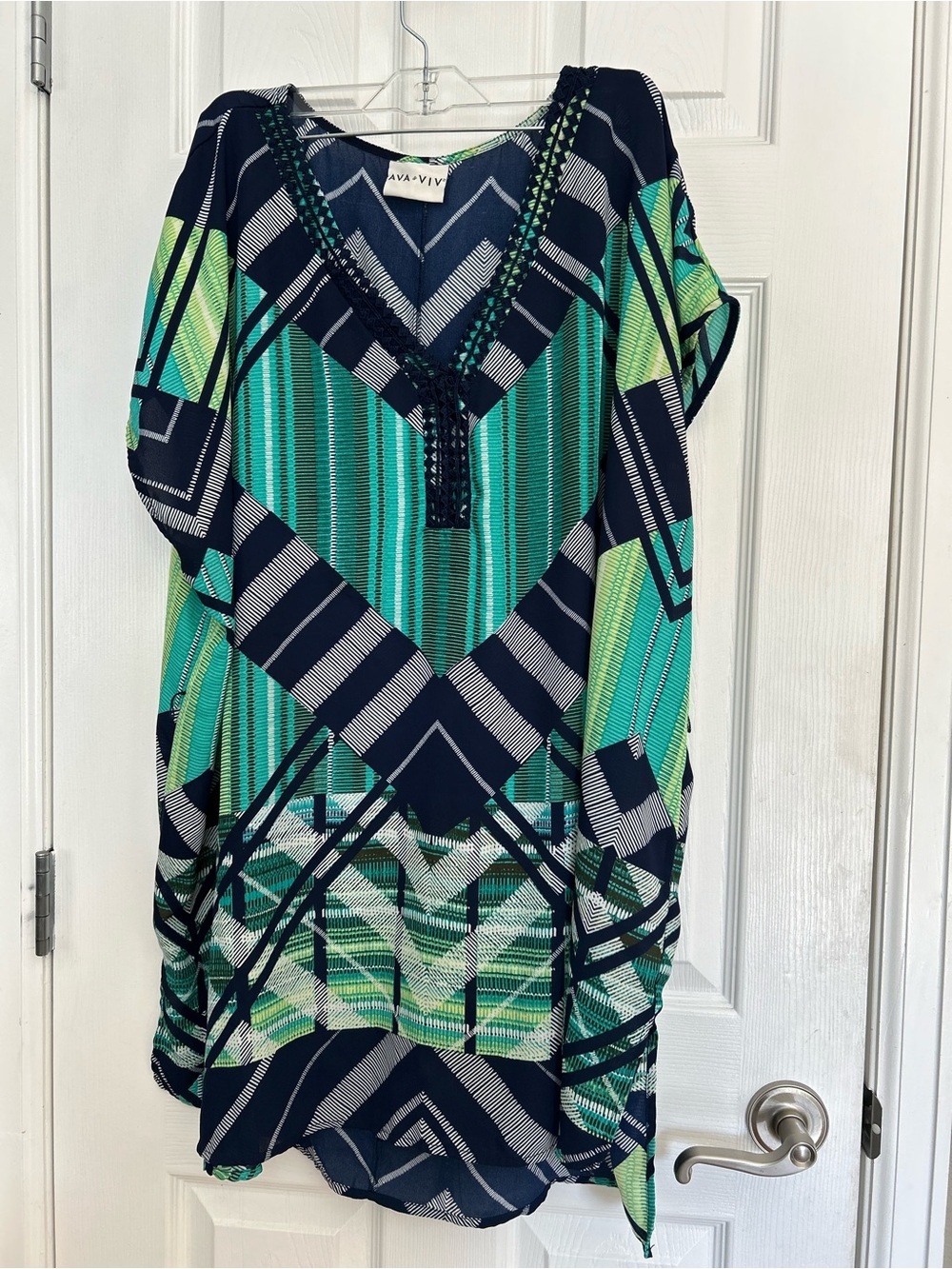 Ava & Viv Green and Navy Geometric V-Neck Tunic cover up